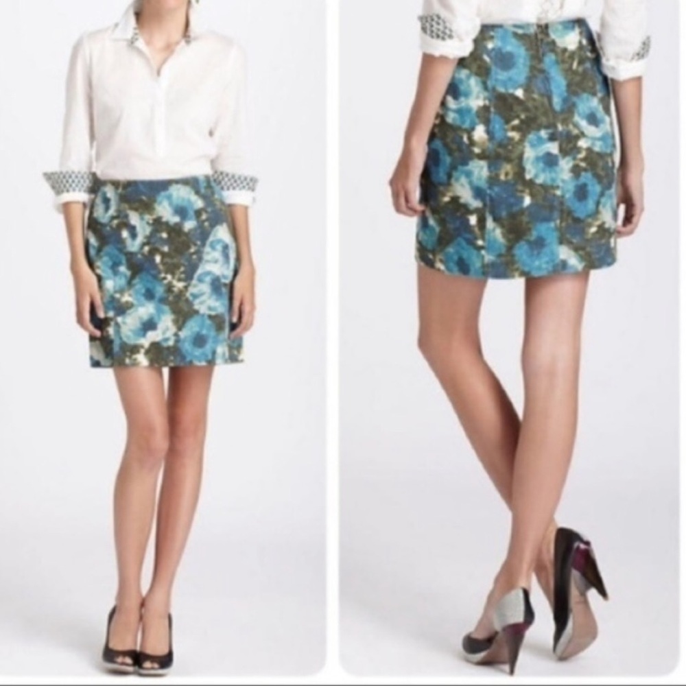 Anthro Teal Green Spring Floral Corduroy Skirt 00
